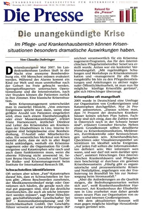 Artikel Die Presse 29.5.07, Krisenmanagement Krankenhaus / Zum Vergrößern auf das Bild klicken